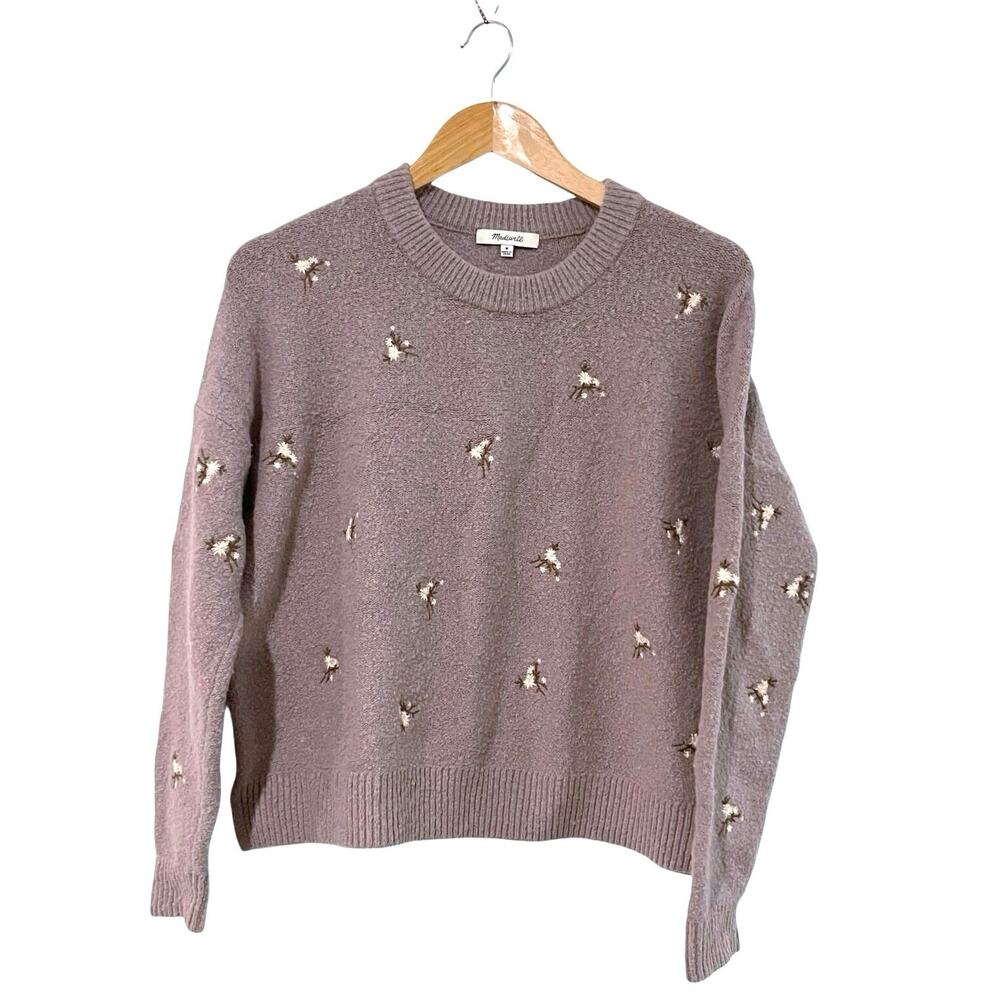 Madewell Sweater Medium Floral Purple Lavender Embroidered Cross Stitch Flowers